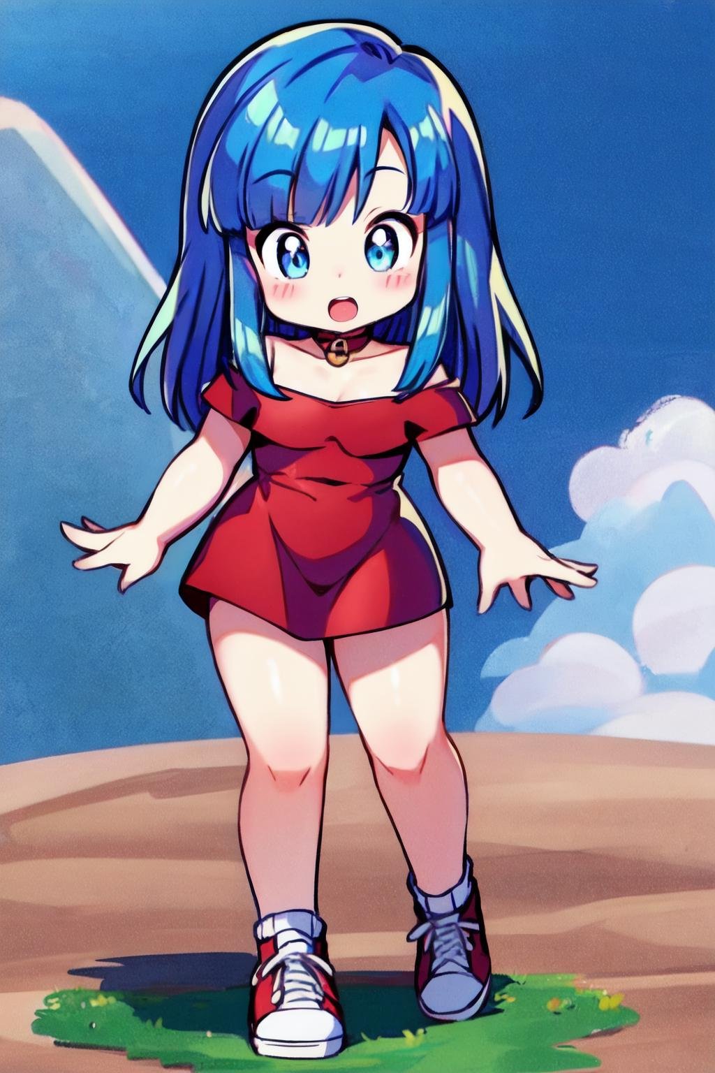 (8k, best quality, masterpiece:1.2), chibi, maron, red short dress, blue eyes, (aqua hair), off shoulder, short sleeves, sneakers <lora:maron_v0_5_dadap-000042:1> 