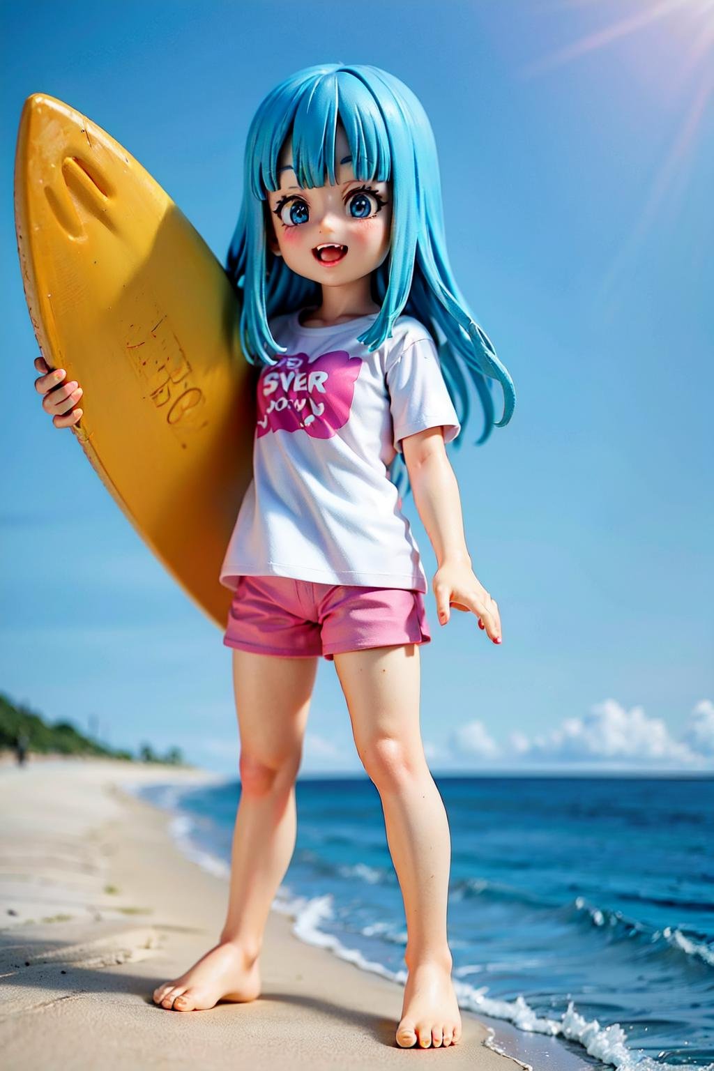 (8k, best quality, masterpiece:1.2), maron, blue eyes, aqua hair, blunt bangs, AS-YoungerV2, surfing <lora:maron_v0_5_dadap-000042:1> long hair,t-shirt, shorts,barefoot,happy,ocean, 