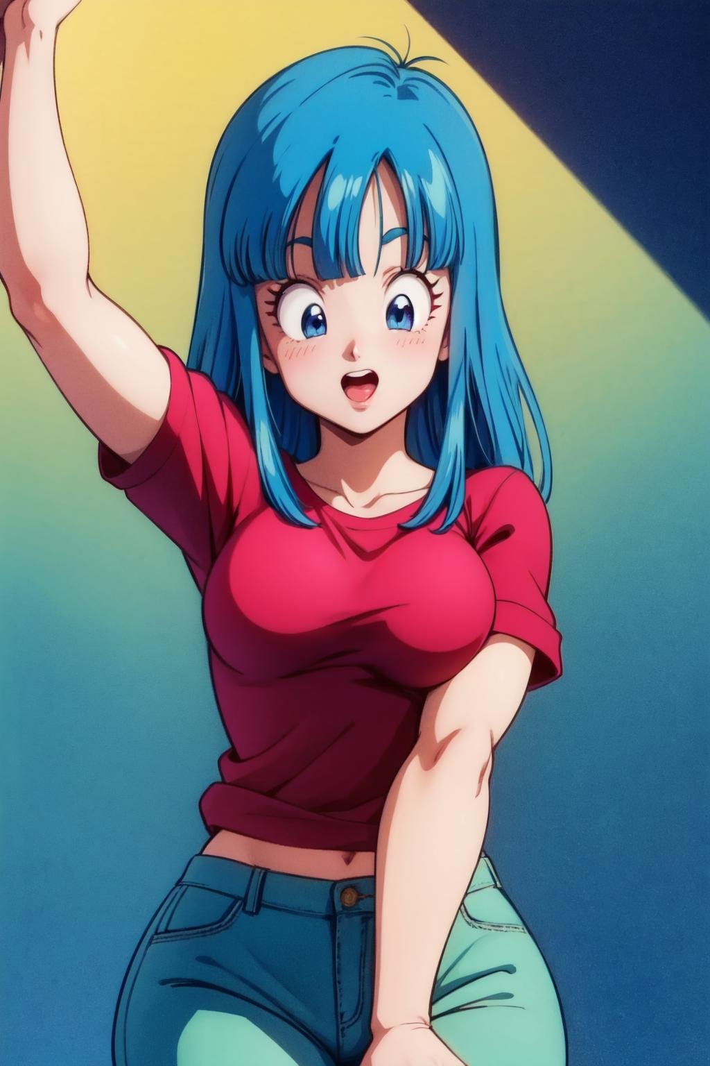 (8k, best quality, masterpiece:1.2), retro artstyle,upper body, maron,blue eyes, aqua hair, blunt bangs, Low crotch pants , Vibrating Sleeve  <lora:maron_v0_5_dadap-000042:1> 