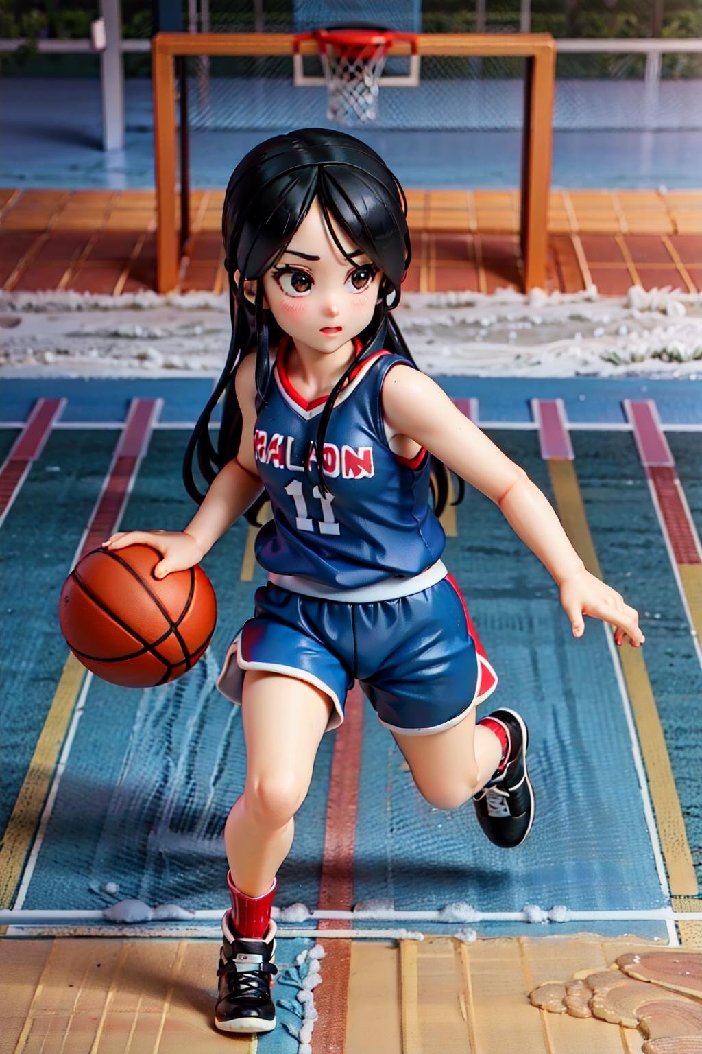 annin, 1girl,AS-YoungestV2, solo, black hair, long hair, black eyes,full body,basketball court, blue basketball uniform, (blue tank top, blue sport shorts), looking at viewer,running, playing basketball,(best quality, masterpiece)   <lora:annin_v0_7_prod:1>