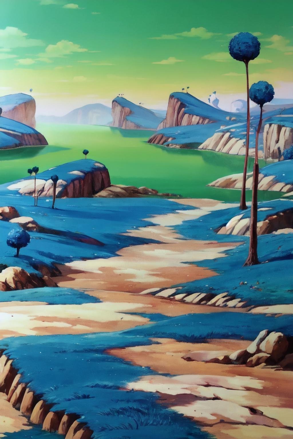 (8k, best quality, masterpiece:1.2), (finely detailed), (full body), namek,green sky,(nature), hill,tree, green grass