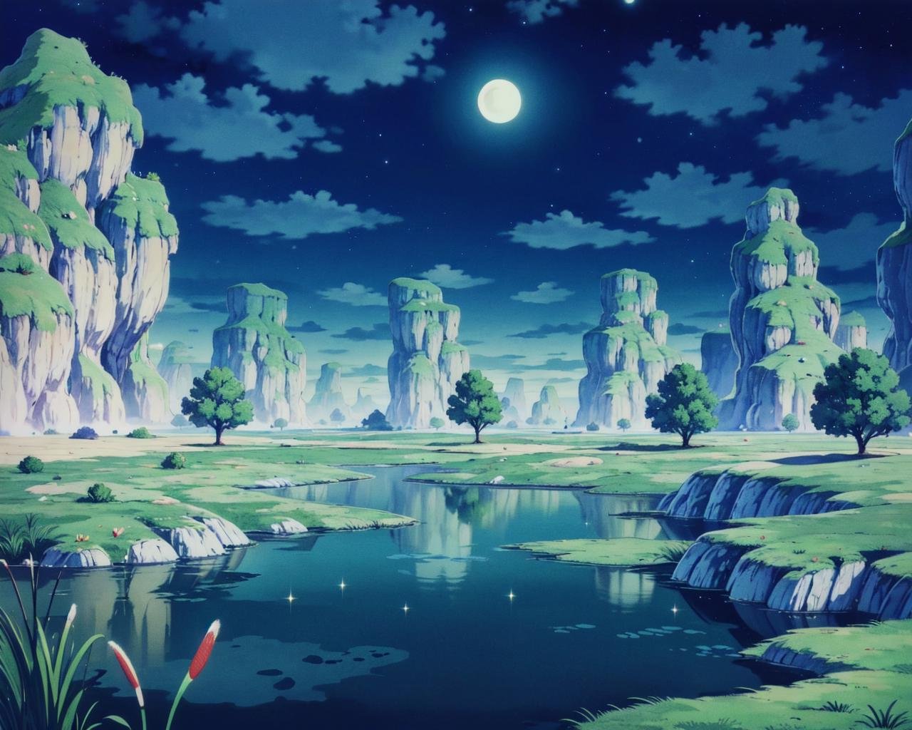 best quality,masterpiece,white ground, cloud, outdoors, night, starry sky,plateau,tree, (no humans),(cattail) <lora:breakwasteland_v0_7_dadap-000050:1>, pond,moon