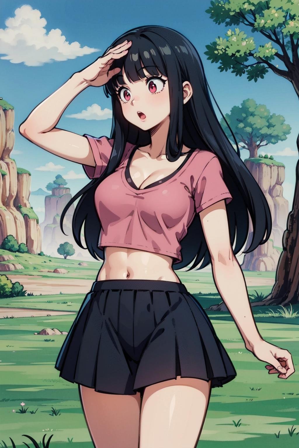 8k, best quality, masterpiece:1.2, finely detailed, detailed illustration,intricate,namek,sky, grass, tree,brown ground,solo,1girl,pink t-shirt, crop top, black pleated skirt,pink eyes,black hair,blunt bangs,standing, surprised,looking afar, medium breasts,plateau,long hair,cleavage,salute,(hand on forehead:1.2), :o,looking to the side,spikes,(arm at side) <lora:breakwasteland_v0_7_dadap:1>