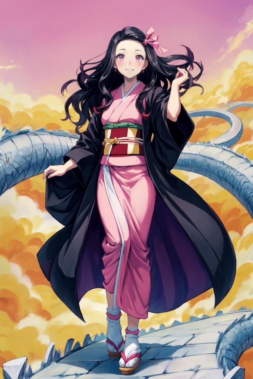 (8k, best quality, masterpiece:1.2), (finely detailed), (full body), kamado nezuko,  <lora:nezukoDemonSlayerKimetsu_offset:0.8> , 1girl,solo, snakeway,pink sky, pink eyes, black hair, long hair,gradient hair, hair ribbon, haori, japanese clothes, pink kimono, long hair,teenage,road, yellow cloud