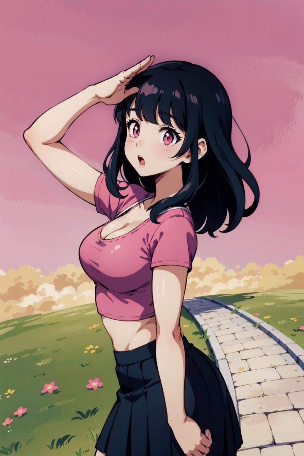 8k, best quality, masterpiece:1.2, finely detailed, detailed illustration,intricate,kami planet,pink sky, road, grass,solo,1girl,pink t-shirt, crop top, black (pleated skirt),pink eyes,black hair,blunt bangs,standing, surprised,looking afar, medium breasts,long hair,cleavage,salute,(hand on forehead:1.2), :o,looking to the side,(arm at side),  <lora:otherworld_v1:1>