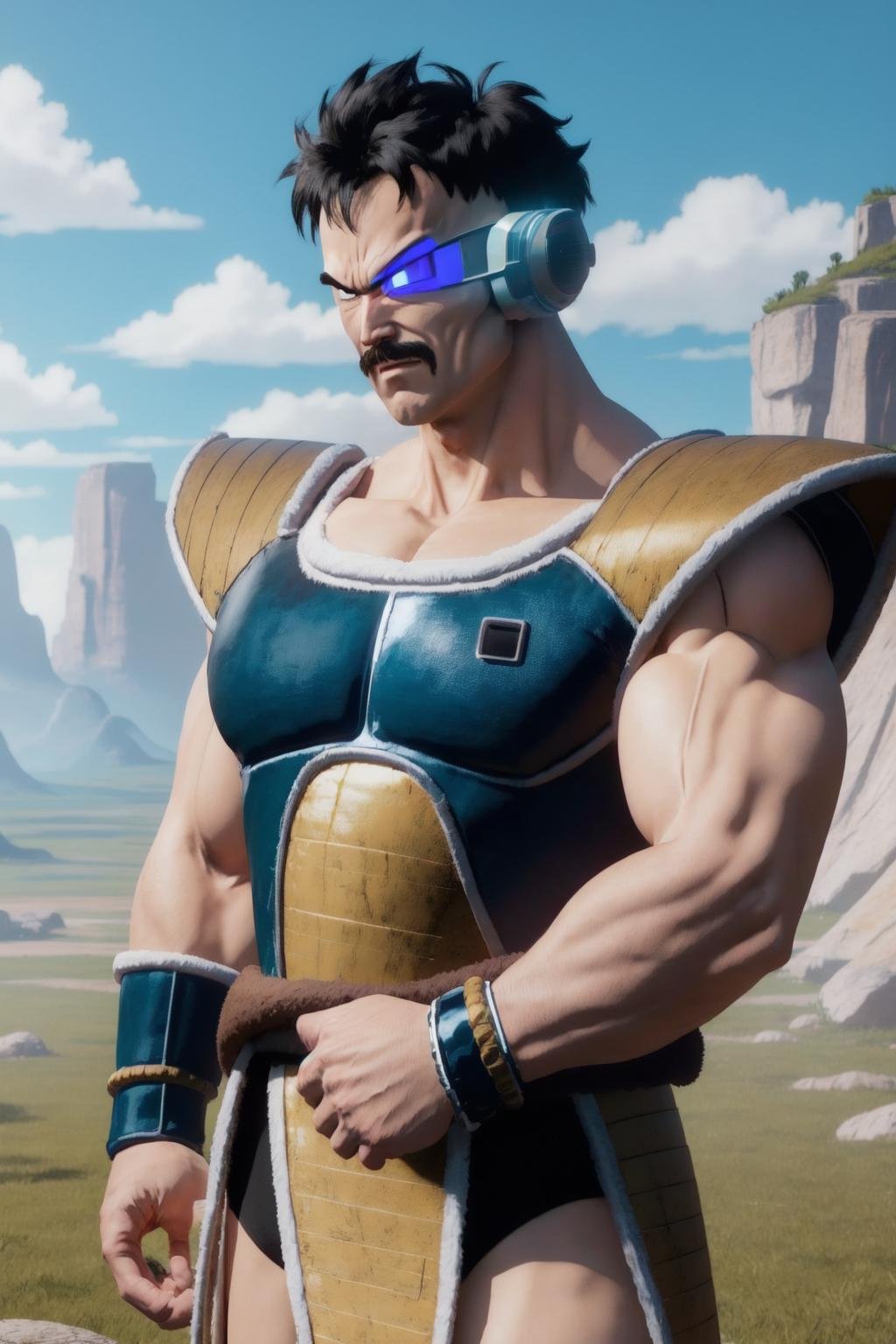 nappa, male focus, 1boy, solo, bald, angry, (black eyes), upper body, serious, mustache,black saiyan armor,(blue scouter:1.3), tail around waist,faulds, (black briefs), arms at sides, blue sky, black vambraces, plateau, grass,  (best quality, masterpiece,realistic, photorealistic) <lora:nappa_v1:1> <lora:hipoly_3dcg_v7-epoch-000012:0.5> 