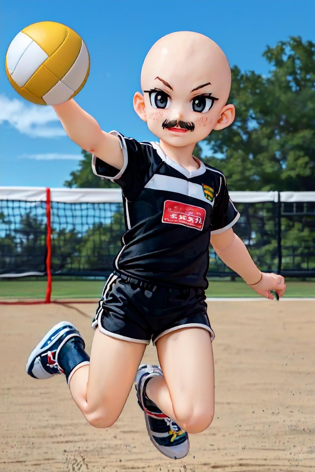 nappa,1boy,male focus, (AS-YoungestV2:1.5),full body, solo, (bald:1.2, black eyes, mustache:1.5), playing  beach volleyball,beach,(jumping:1.3), volleyball uniform, black shorts, black  t-shirt, volleyball net,outdoors, ocean,(ball),  <lora:nappa_v1:1> 