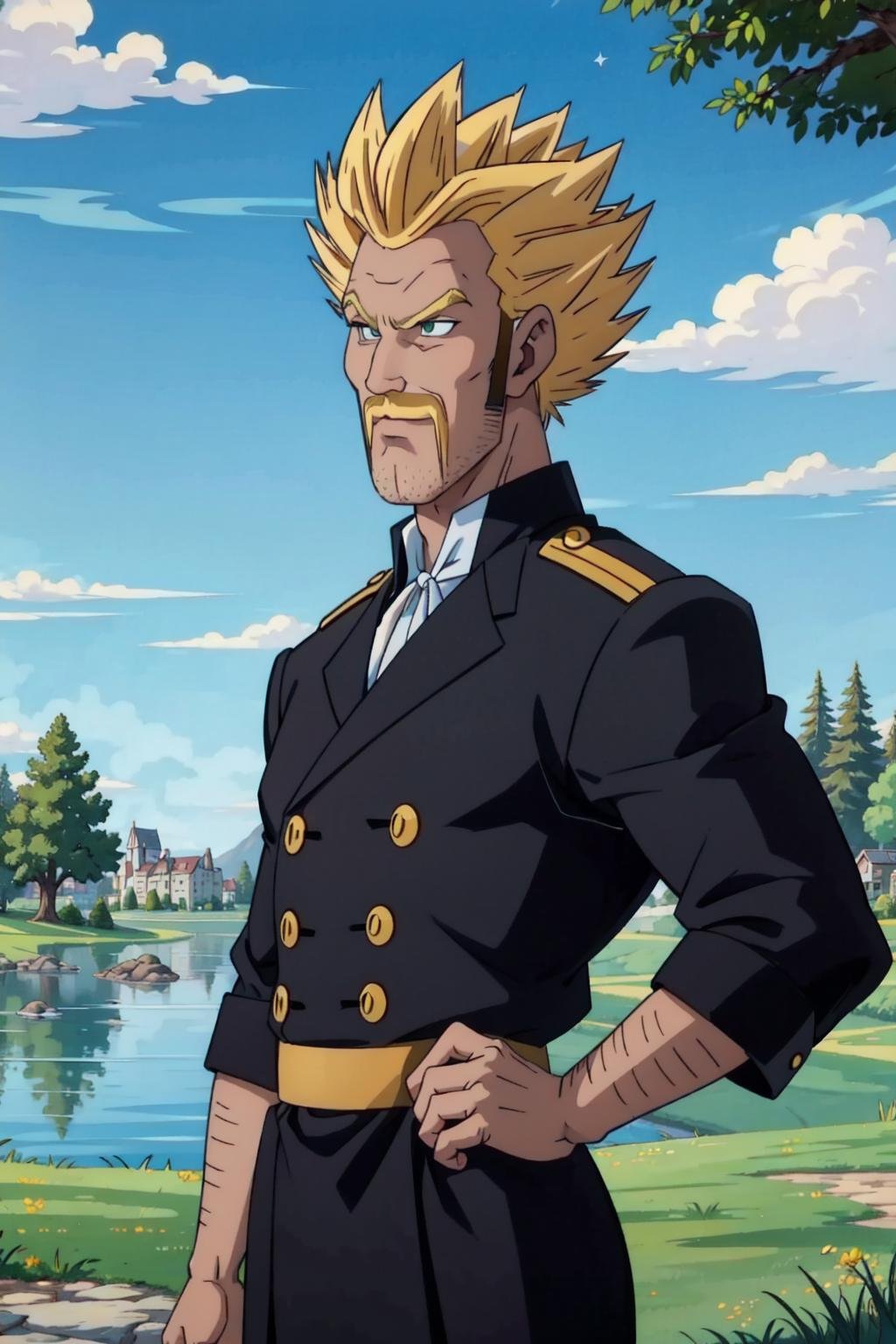 inusen,super satan, (1boy,,male focus), solo, blonde hair,teal eyes,super saiyan, cowboy shot,white prince outfit,(closed white jacket),white jacket,black pants,castle in the background,blonde mustache,high collared jacket,gold trim,military uniform,(high collar),white collared shirt, moat, tree, grass,arms at sides,(blonde sideburns:1.2), (best quality, masterpiece),  ,<lora:mrsatan_v1:1>   <lora:inusen_v1:0.8> 