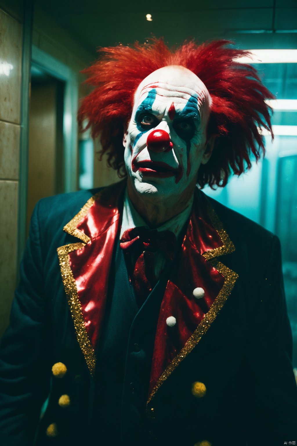 A cinematic photo of a 60 year old half american half scottish killer clown, big forehead, red clown wig, running into a glass mirror breaking his face into glass pieces, Blood glass shattering, he is in a dimly lit beat down grim public restroom, bloody red sparkly glitter clown costume, Blood on walls, broken lights, horror, vhs, film grain, Zombie in background, Scared look, brown lighting, grey lighting, ultra detailed, Atmospheric, Dramatic, Masterpiece,