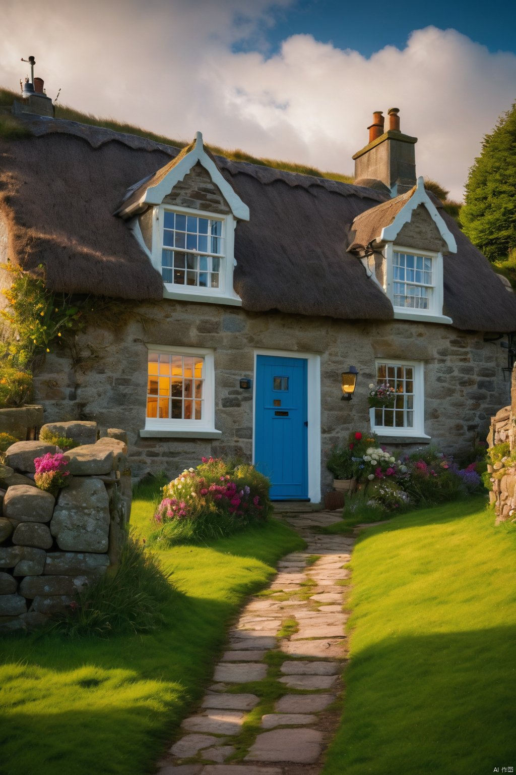 a beautiful cottage, scotland coastal village, (sharp focus:1.2), extremely detailed, (photorealistic:1.4), (RAW image, 8k high resolution:1.2), RAW candid cinema, 16mm, color graded Portra 400 film, ultra realistic, cinematic film still, subsurface scattering, ray tracing, (volumetric lighting)