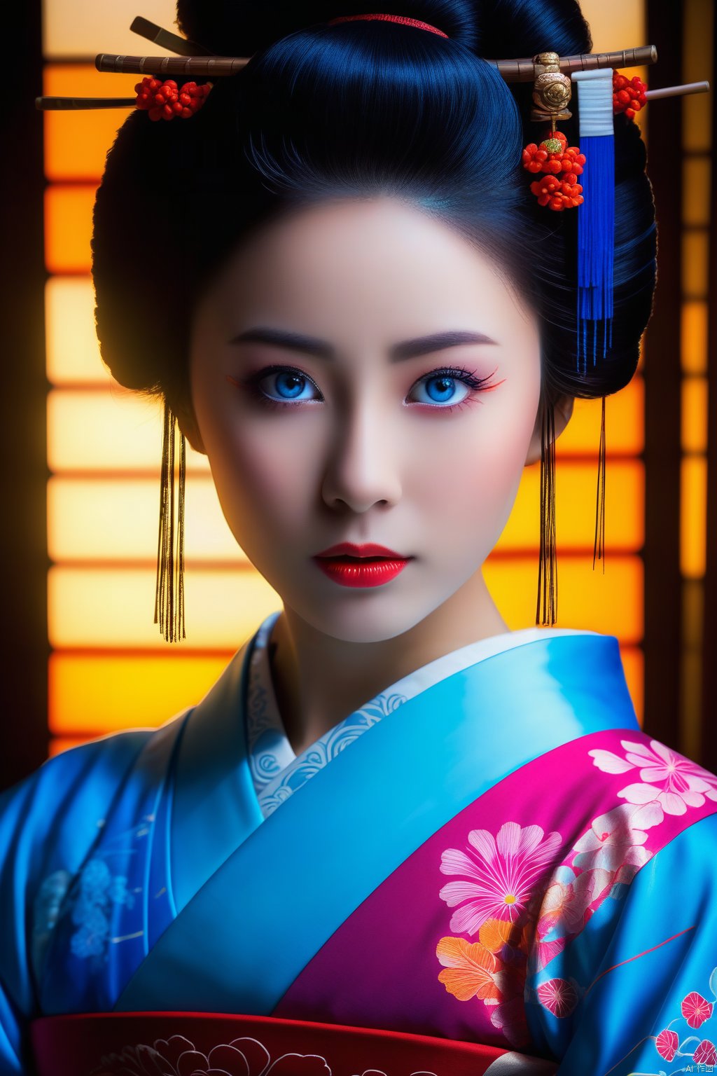 breathtaking (looking at viewer:1.3), (Geisha with Blue eyes:1.1) (Geisha portrait:1.2), Japanese cityscape background, light rays, backlit, vivid colors, vibrant colors, intricate details, intricate line drawing, masterpiece  , masterpiece, award-winning, professional, highly detailed