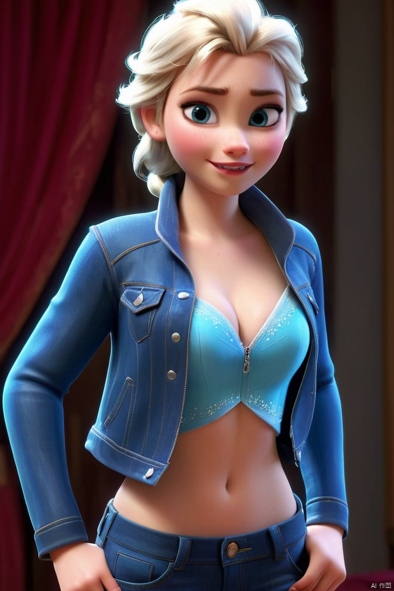 18yo shy woman,princess elsa,open denim jacket,smirk,(unzipped pants:1.3),3d render,sexy,naughty look,sideboob,Pixar style,pubes visible,big eyes,flirting with the camera,highly detailed,looking in the camera,blushing,nude,pubes showing, sexy, fine nude, (pussy peek:1.3), Ultra Realistic princess gown