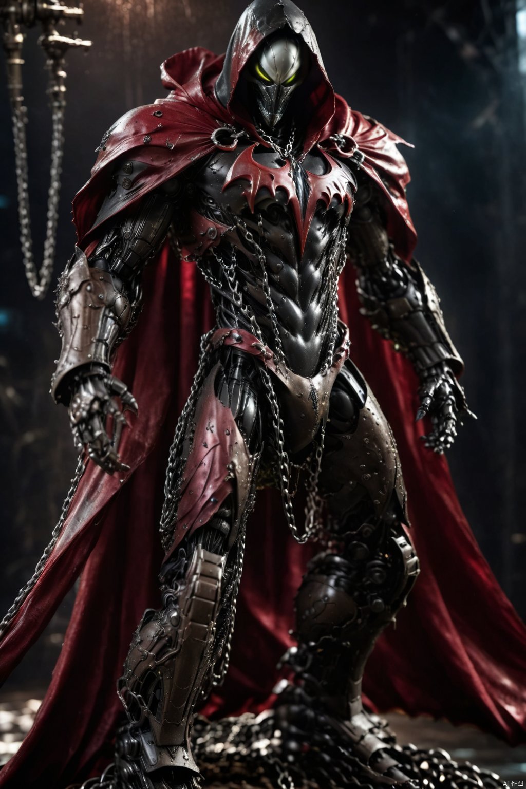 a photograph of spawn, balanced composition, made of black goo, (weathered patina:1.2), black costume, animated red cape made of liquid, "M" on chest, chains, moody lighting, cinematic, complex robot, biomechanical, hyper detailed   comprobo, Cyborg