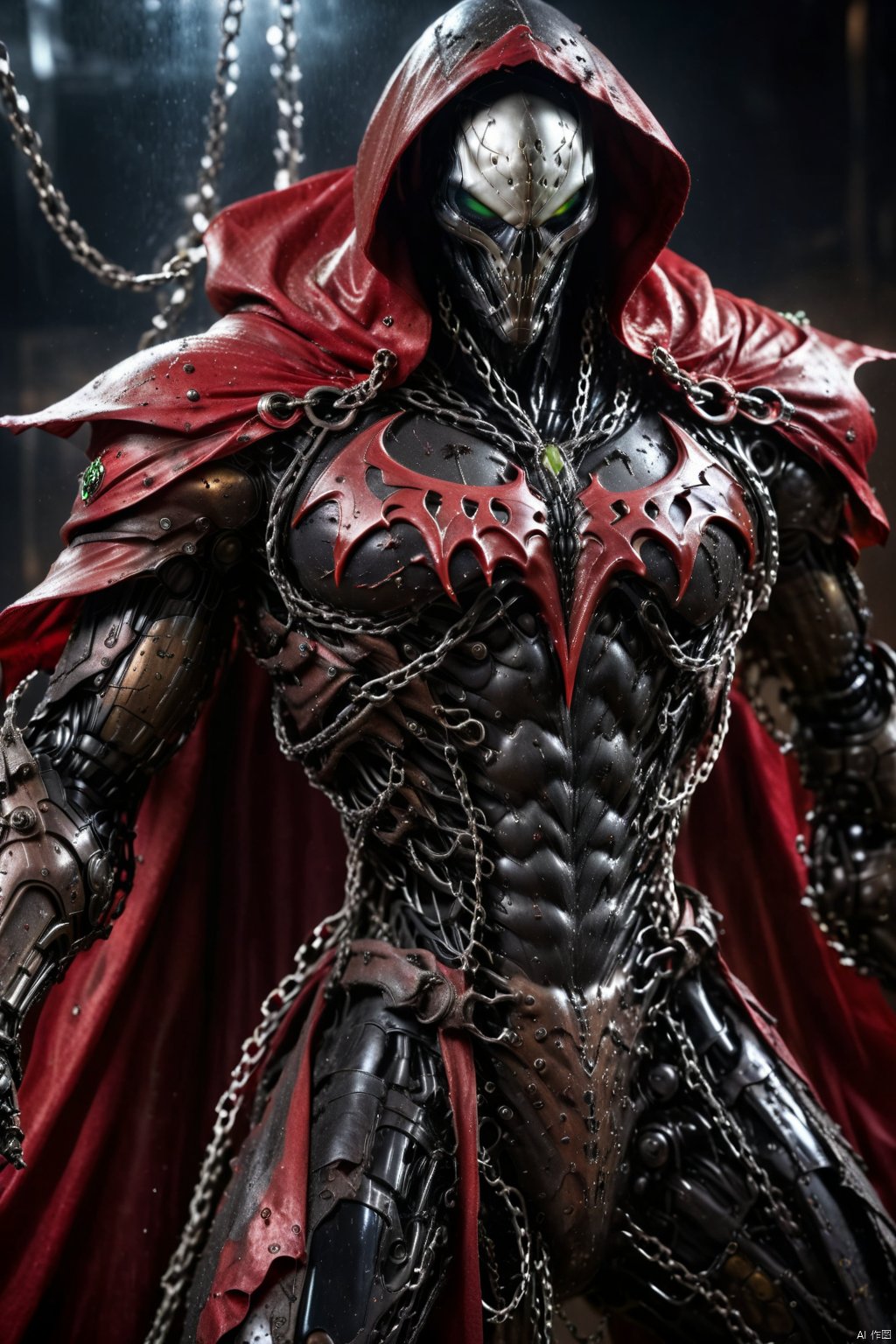 a photograph of spawn, balanced composition, made of black goo, (weathered patina:1.2), black costume, animated red cape made of liquid, "M" on chest, chains, moody lighting, cinematic, complex robot, biomechanical, hyper detailed   comprobo, Cyborg