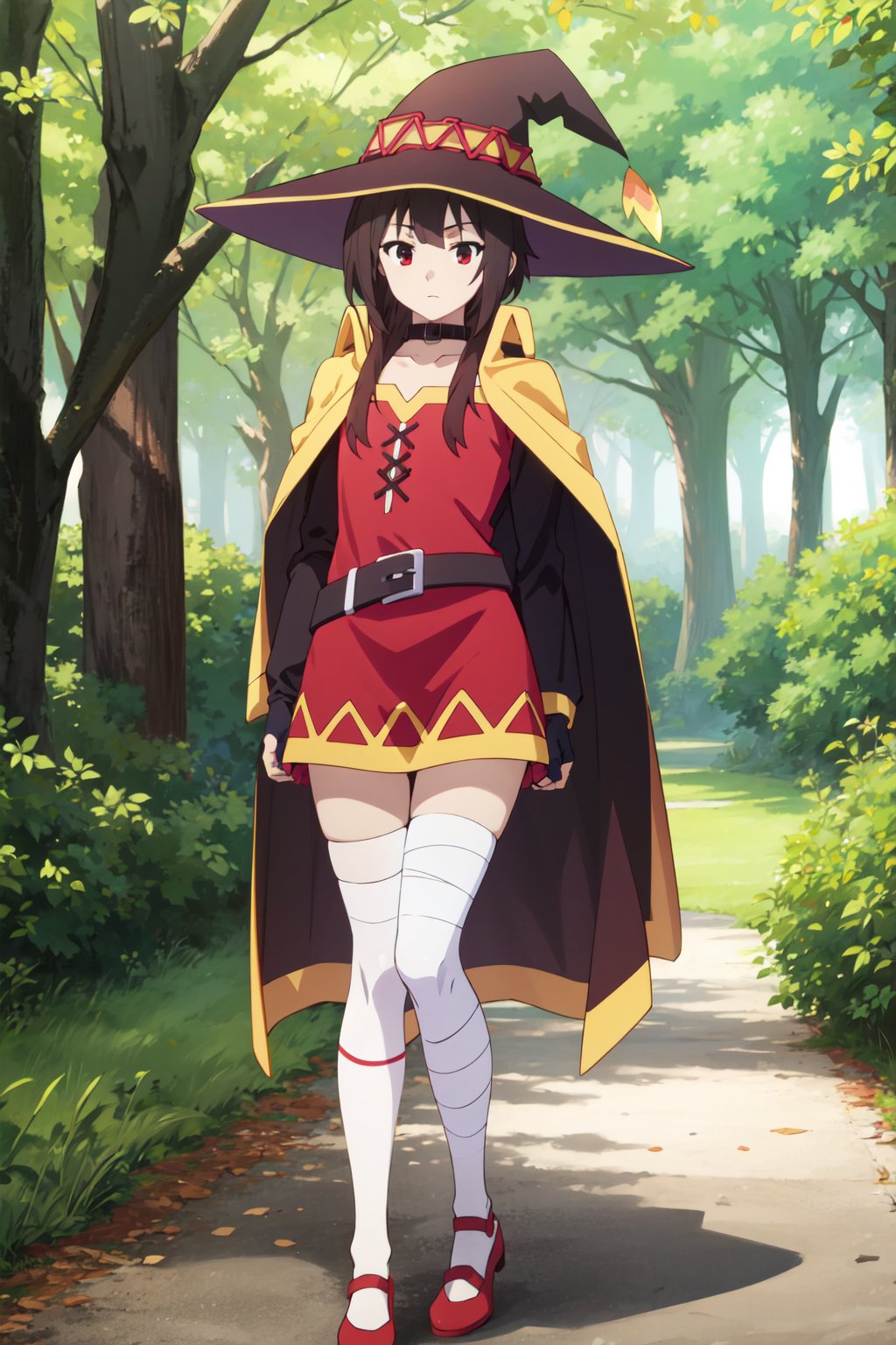 <lora:anime_screencap_v2:0.3> tall body, tall, long legs, mature female, mature, adult, <lora:GoodHands-beta2:1.4>, <lora:eft_konosuba_megumi-02:0.8> EFT_Konsuba_Megumi, 1girl, megumin, witch hat, hat, solo, red eyes, thighhighs, cape, single thighhigh, dress, belt, bandages, black thighhighs, short hair, red dress, looking at viewer, fingerless gloves, black hair, bandaged leg, collar, gloves, short hair with long locks, tree, asymmetrical legwear, brown hair, outdoors, choker, mismatched legwear, collarbone