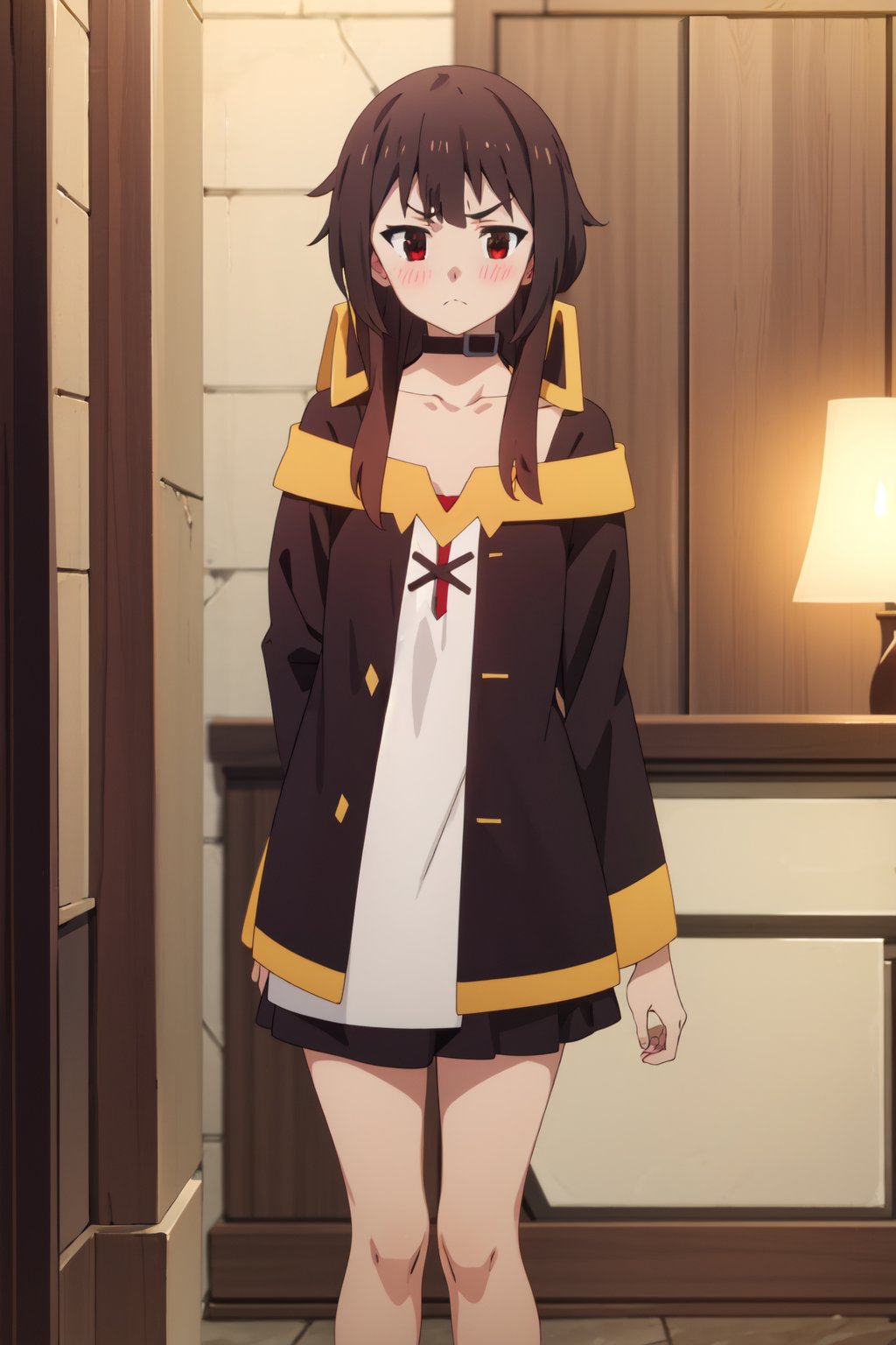 <lora:anime_screencap_v2:0.3> tall body, tall, long legs, mature female, mature, adult, <lora:GoodHands-beta2:1.4>, <lora:eft_konosuba_megumi-02:1>, EFT_Konsuba_Megumi, megumin, 1girl, blush, red eyes, short hair with long locks, solo, looking at viewer, brown hair, blurry, short hair, collarbone, frown, closed mouth, bangs, sidelocks