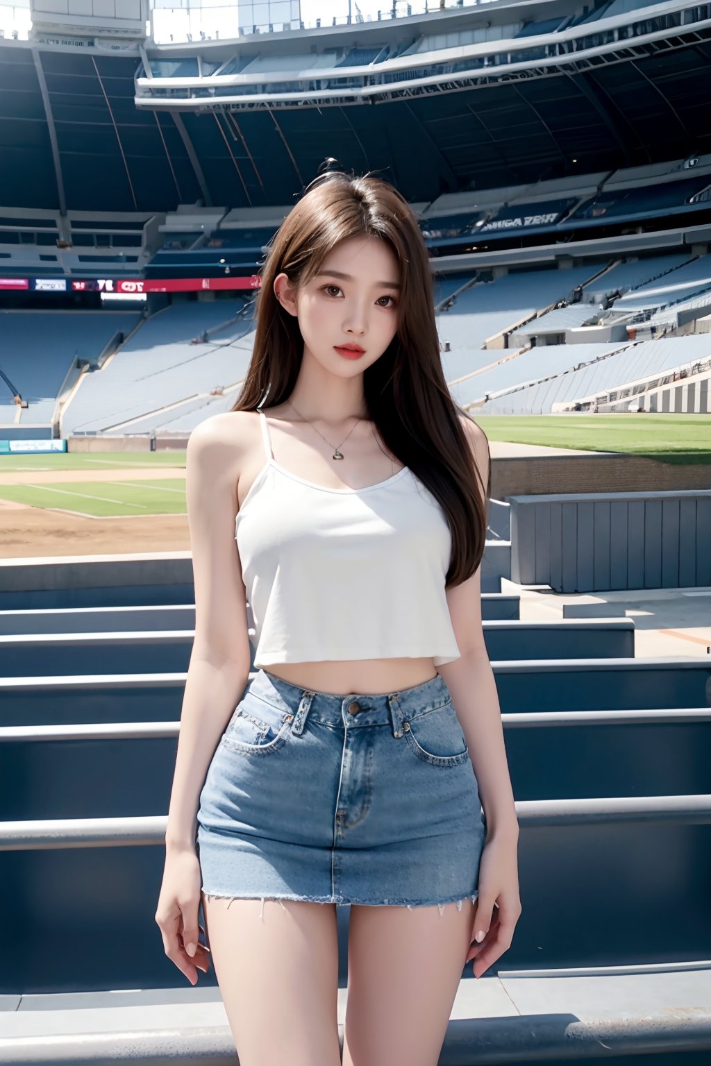standing,  stadium,  denim micro mini skirt by FMix on Tensor.Art