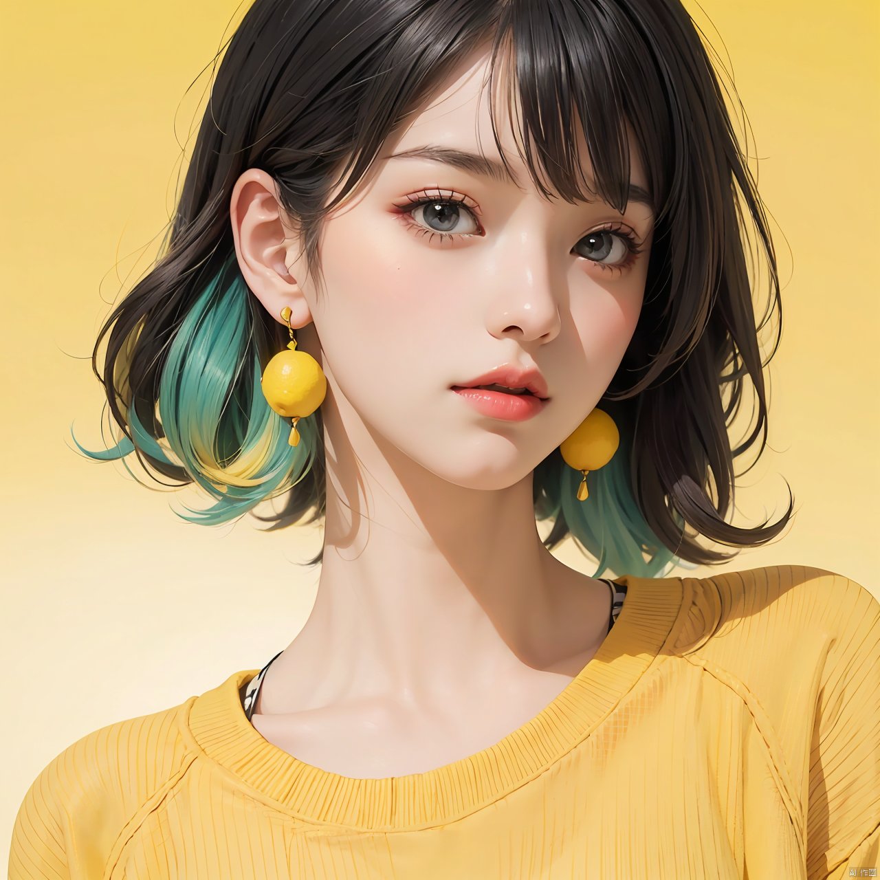 illustrator, anime, realistic, 1girl, lip, Sweater, order, Yellow gradient background, Neon hair, Textured crop, Canadian, (masterpiece, best quality), Lemon earrings