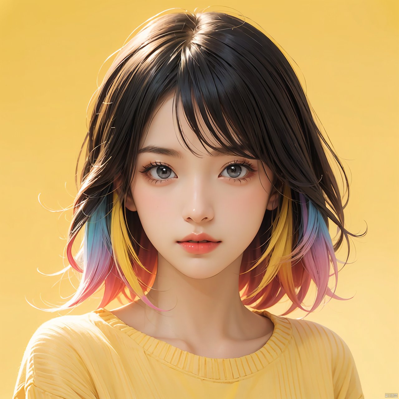 illustrator, anime, realistic, 1girl, lip, Sweater, order, Yellow gradient background, Neon hair, Textured crop, Canadian, (masterpiece, best quality)