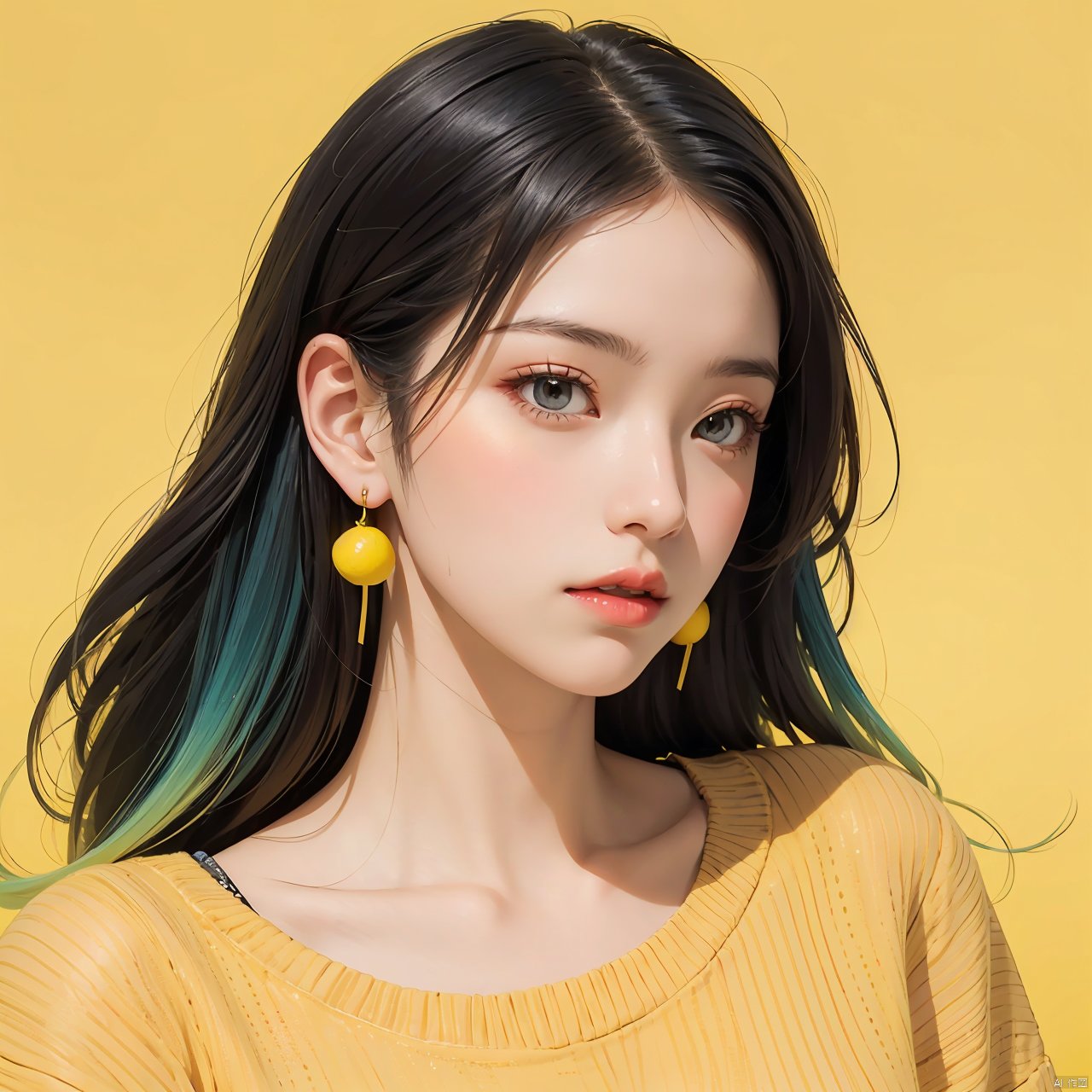 illustrator, anime, realistic, 1girl, lip, Sweater, order, Yellow gradient background, Neon hair, Textured crop, Canadian, (masterpiece, best quality), Lemon earrings