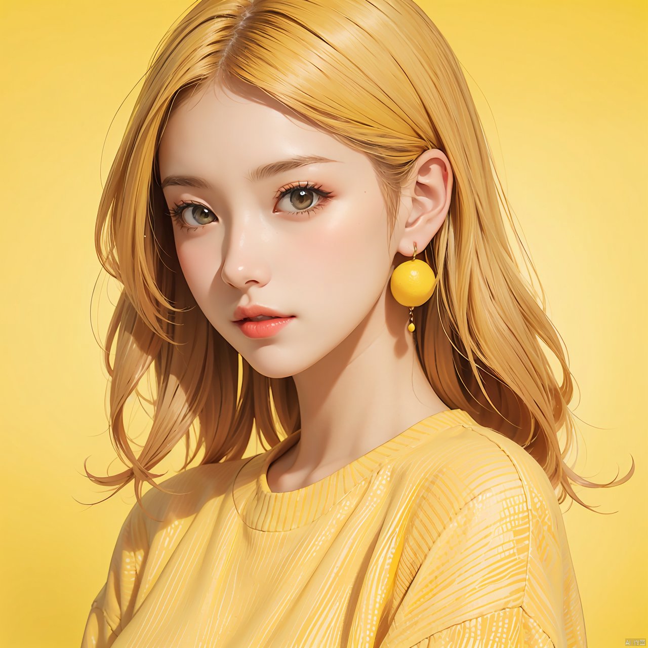 illustrator, anime, realistic, 1girl, lip, Sweater, order, Yellow gradient background, Yellow hair, Textured crop, Canadian, (masterpiece, best quality), Lemon earrings