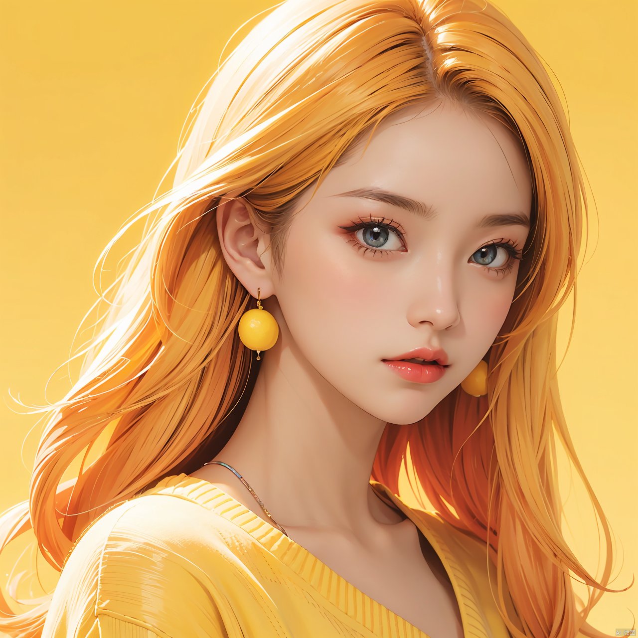 illustrator, anime, realistic, 1girl, lip, Sweater, order, Yellow gradient background, Neon hair, Textured crop, Canadian, (masterpiece, best quality), Lemon earrings