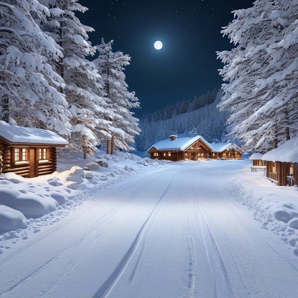 A realistic photo of snow road in winder resort1 at night,snow,tree,cabin,winter resort1,hyper detailed,16K,HDR,hyper-realistic,sharp focus,high contrast,trending on artstation,studio photo