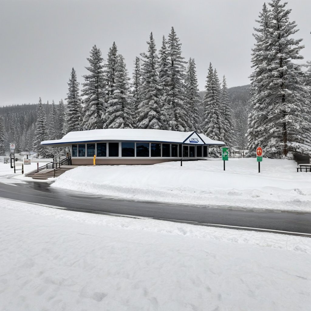 A realistic photo of highway rest area near winder resort1,winter resort1,hyper detailed,16K,HDR,hyper-realistic,sharp focus,high contrast,trending on artstation,studio photo