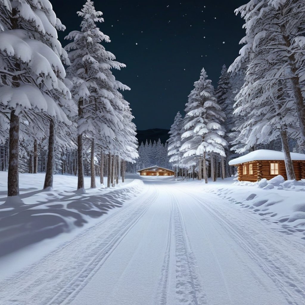 A realistic photo of snow road in winder resort1 at night,snow,tree,modern luxury cabin,winter resort1,hyper detailed,16K,HDR,hyper-realistic,sharp focus,high contrast,trending on artstation,studio photo