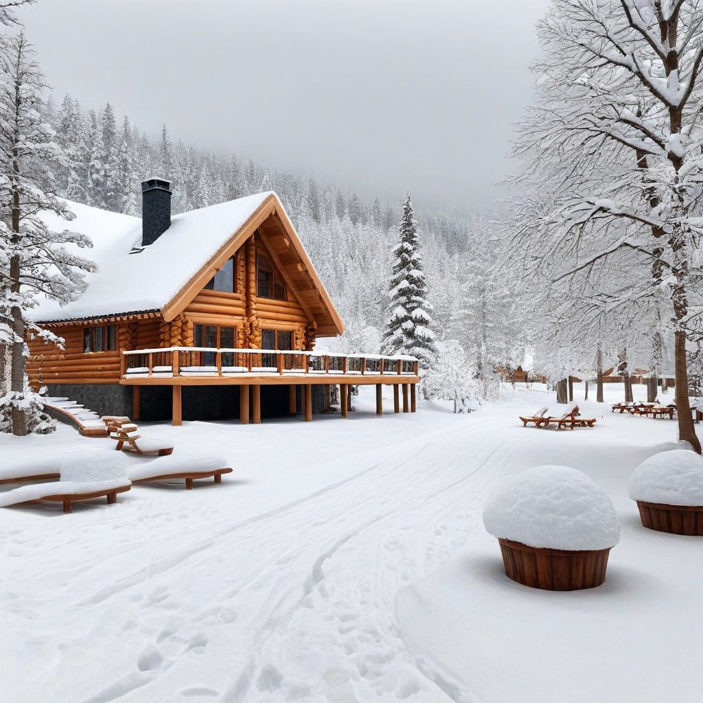 A realistic photo of resort cabin,snow,tree,winter resort1