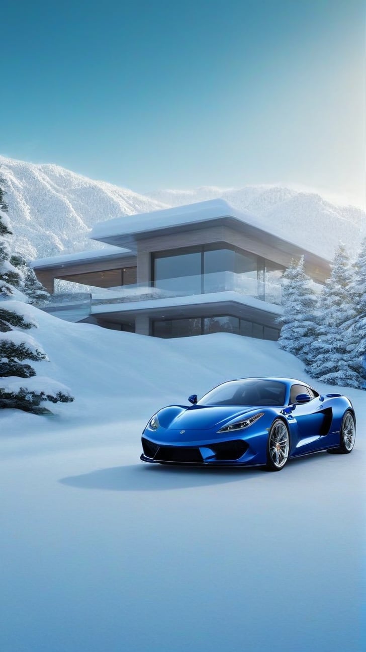 (Hyper-realistic) portrait of a stunning sports car parked in front of a house,resort house,resort cabin,luxury modern house,snow,tree,detailed resort house and trees backdrop,vivid color,
trending on artstation,perfect composition,cinematic lighting,(hyper-detailed,sharp focus,high contrast,HDR,Kodachrome 800:1.2),cinematic lighting,anime vibes,by Karol Bak, Alessandro Pautasso and Hayao Miyazaki
BREAK A realistic photo of luxury modern house  in winter resort1,snow,tree,house,cabin,winter resort1