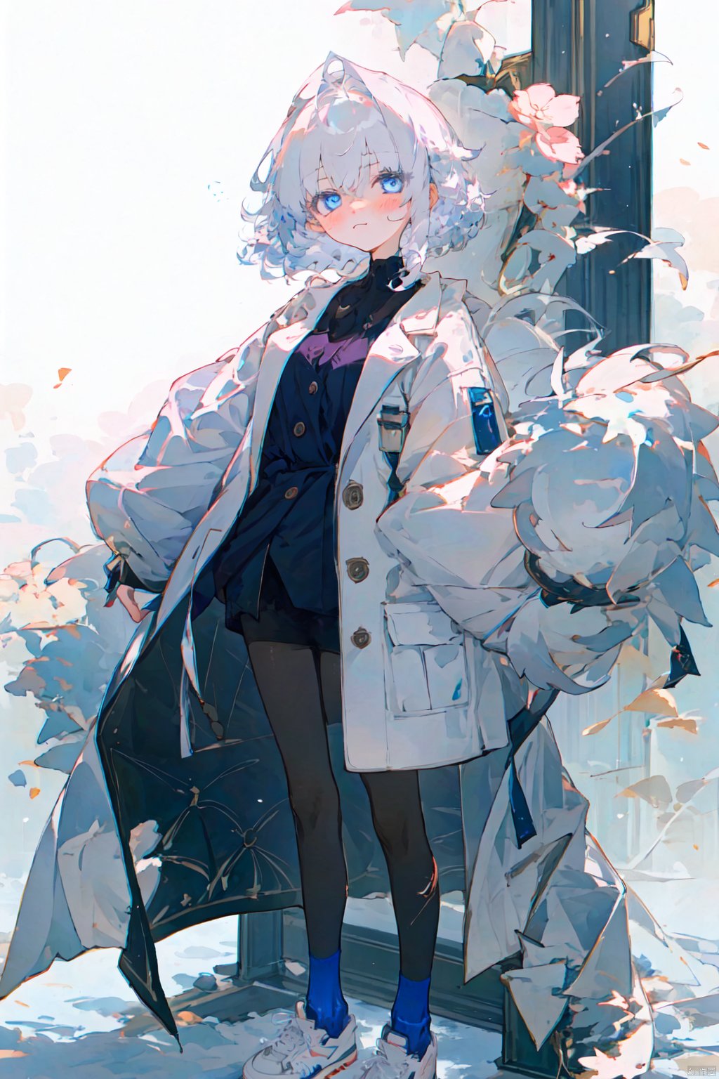 1girl, solo, looking at viewer, blush, short hair, bangs, blue eyes, long sleeves, white background, closed mouth, standing, full body, white hair, shoes, socks, medium hair, coat, sleeves past wrists, buttons, white footwear, sneakers, pocket, white coat, oversized clothes, white theme