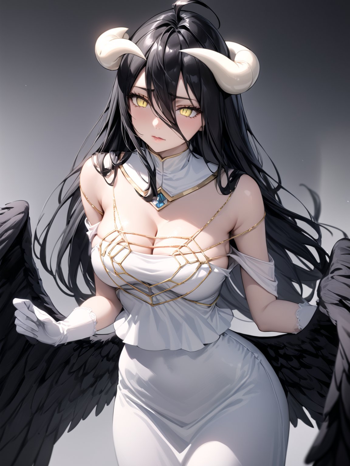 //Quality,
masterpiece, best quality, detailed
,//Character,
1girl, solo
,//Fashion,
,//Background,
,//Others,
,albedo \(overlord\), 1girl, long hair, black hair, hair between eyes, yellow eyes, horns, ahoge, white gloves, white dress, bare shoulders, detached collar, cleavage, slit pupils, black wings, feathered wings, low wings