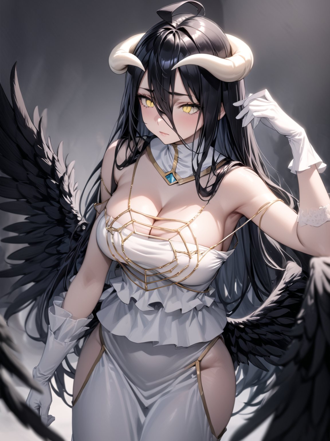 //Quality,
masterpiece, best quality, detailed
,//Character,
1girl, solo
,//Fashion,
,//Background,
,//Others,
,albedo \(overlord\), 1girl, long hair, black hair, hair between eyes, yellow eyes, horns, ahoge, white gloves, white dress, bare shoulders, detached collar, cleavage, slit pupils, black wings, feathered wings, low wings