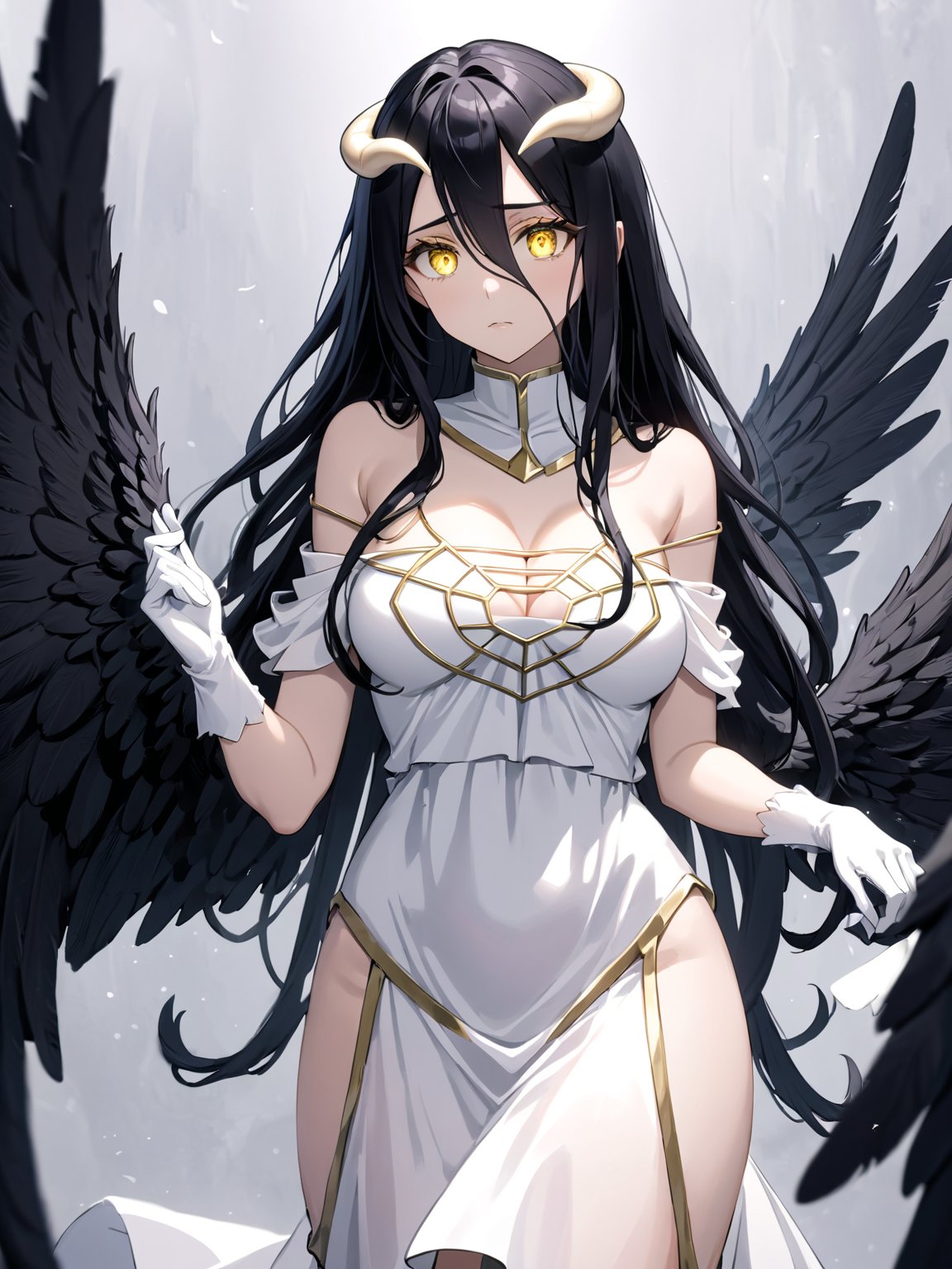 //Quality,
masterpiece, best quality, detailed
,//Character,
1girl, solo
,//Fashion,
,//Background,
,//Others,
,albedo \(overlord\), 1girl, long hair, black hair, hair between eyes, yellow eyes, horns, ahoge, white gloves, white dress, bare shoulders, detached collar, cleavage, slit pupils, black wings, feathered wings, low wings