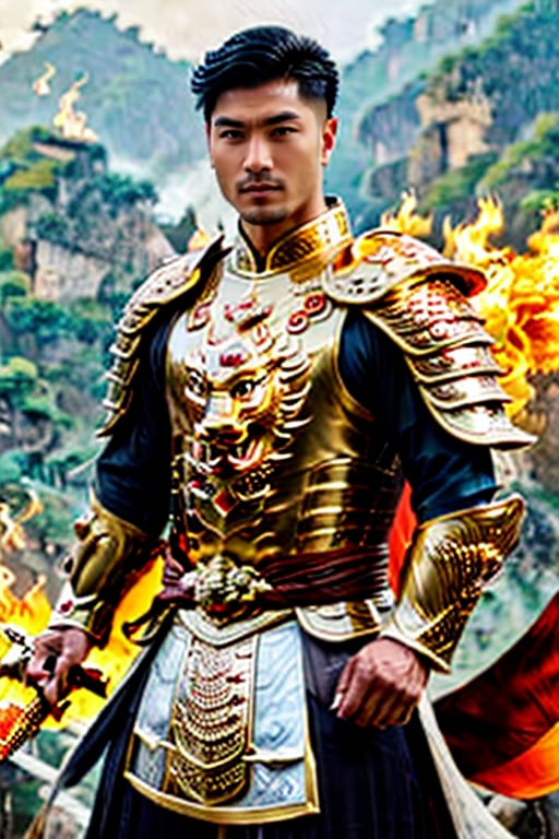 A Asian Dynasty hero full armored swinging his sword into ying yang symbol of fire and water.,man,perfect split lighting