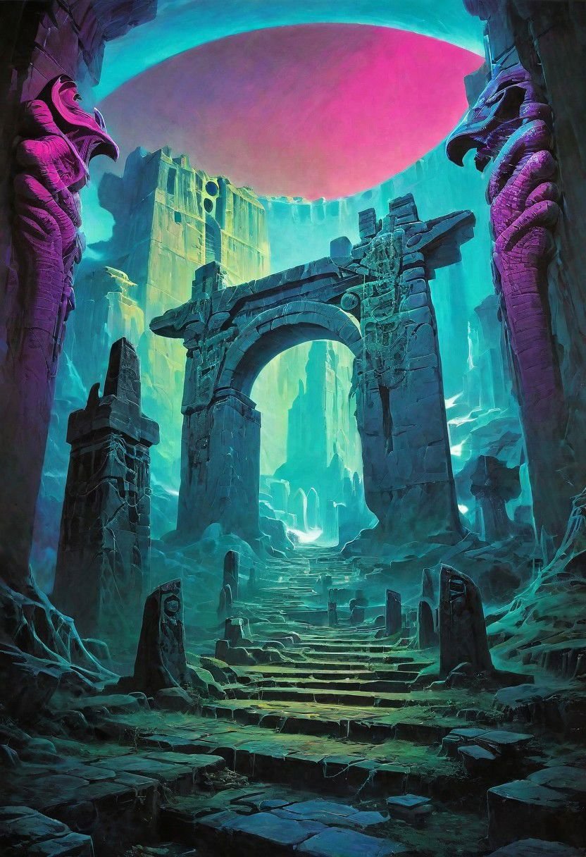 Dark vaporwave color palette, Fantasy painting, masterpiece by frank frazetta, androgynous, dungeon_party, group, muscular, fetish, fantasy masterpiece, a party of beautiful adventurers exploring an ancient dungeon, cyberpunk, vaporwave, arcane ruins