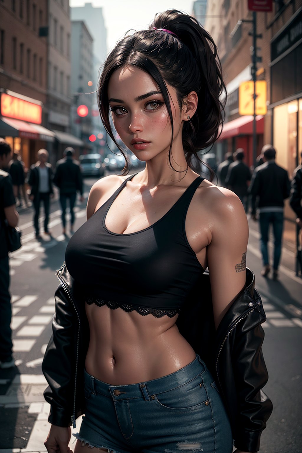 A woman, cute girl, cute face, Caucasian, neon, colorful jacket, shiny jacket, detailed face, badass, ponytail, twenty years old, brunette, tank top, looking at camera, toned body, fit, punk, streets, shiny ground, night, colorful neon background, 
hip cocked, demure, low cut, black lace, detailed skin, soft lighting, subsurface scattering, heavy shadow, masterpiece, best quality, 8k, golden ratio, Intricate, High Detail, ((sharp focus, detailed skin texture)), (blush:0.2), (goosebumps:0.3), subsurface scattering,