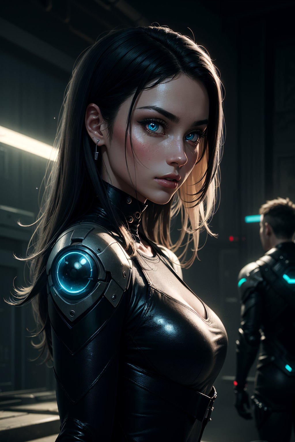 sci fi character art,  cool artwork,  futuristic style,  in the style of 32k uhd,  atey ghailan,  geoff johns,  dark yellow and gray,  (futuristic dress,  glowing dress),  (detailed face,  upper body:1.2),  (detailed eyes,  glowing eyes:1.2),  shiny skin,  realistic hair panasonic lumix s pro 50mm f/1.4,  techpunk,  knightcore,  futuristic,  (detailed background),  detailed landscape,  masterpiece,  best quality,  realistic,  side light,  volumetric light,  rich colors,  dramatic lighting,  (full dual colour lighting:1.2),  (hard dual colour lighting:1.4),  fine detail,  absurdres,  extremely detailed,  depth of field,  ((realistic lighting)) ultra highres,  (masterpiece:1.2),  (ultra detailed),  (best quality),  intricate,  comprehensive cinematic,  magical photography,  (gradients),  colorful