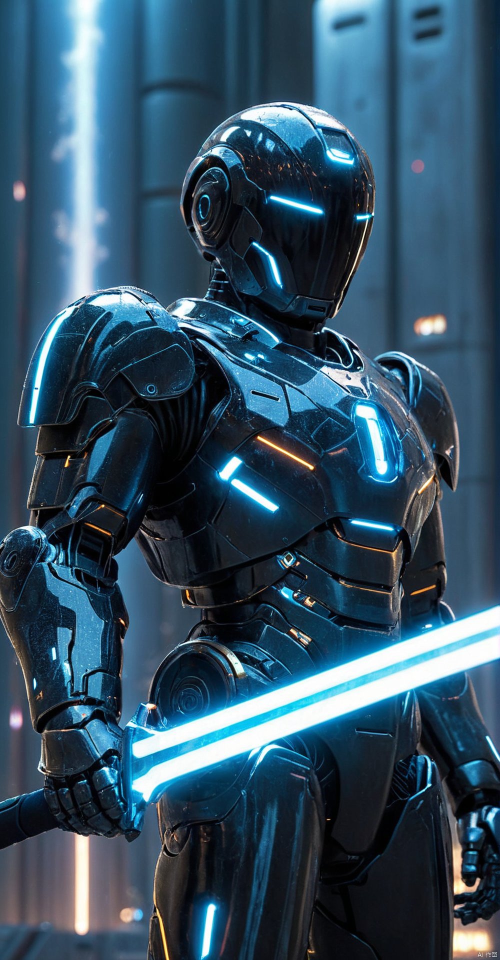 Close up shot of a futuristic robot, holding glowing sword infront of him, standing up, wearing dark tech armor, futuristic spacestation in background, HKStyle, HD, masterpiece, best quality, hyper detailed, ultra detailed, anime image, HKSTYLE