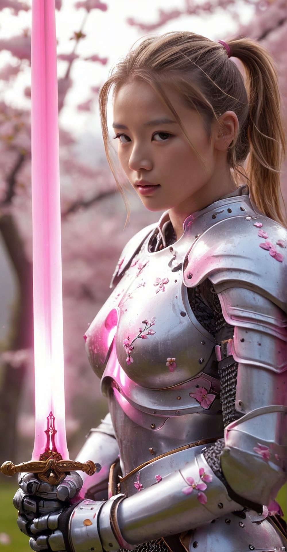 amazing quality, masterpiece, best quality, hyper detailed, ultra detailed, UHD, perfect anatomy, blurry background, outdoor,( cherry blossoms:0.6), fog, studio lighting, bright foreground, face to viewer, background light,
(pink hybrid white) armor, female, pink eyes, holding, sword with ral-elctryzt, ponytail, glowing, shine, dazzling, (on side:1.2), dark blond hair, highlights, HKStyle, extremely detailed, HKSTYLE