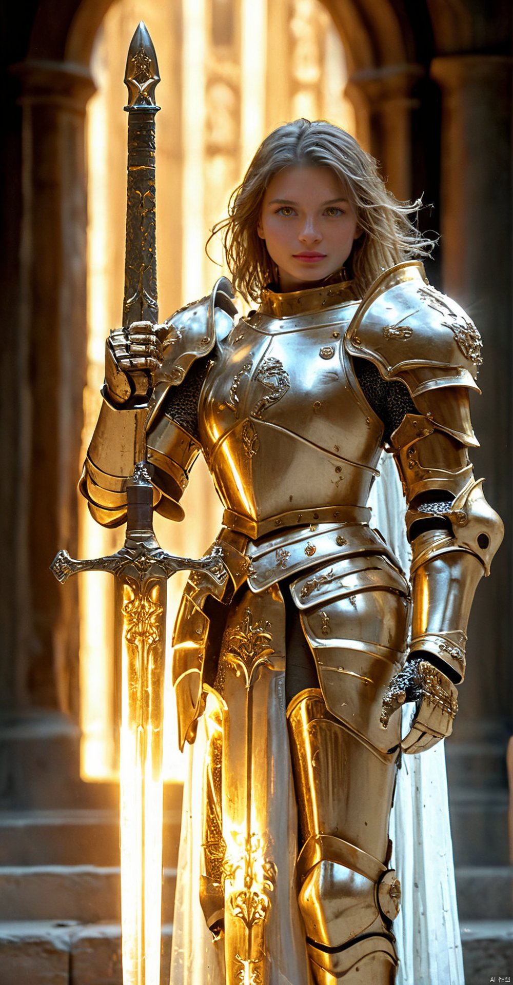 amazing quality, masterpiece, best quality, hyper detailed, ultra detailed, UHD, perfect anatomy, (in castle:1.2),
girl knight, holding a sword, dazzling ,transparent ,polishing, (1 arm up),
waving sword, gold armor, glowing armor, glowing eyes, full armor, shine armor, dazzling armor, 
, HKStyle,
,
,
, extremely detailed,
  ral-bling, HKSTYLE