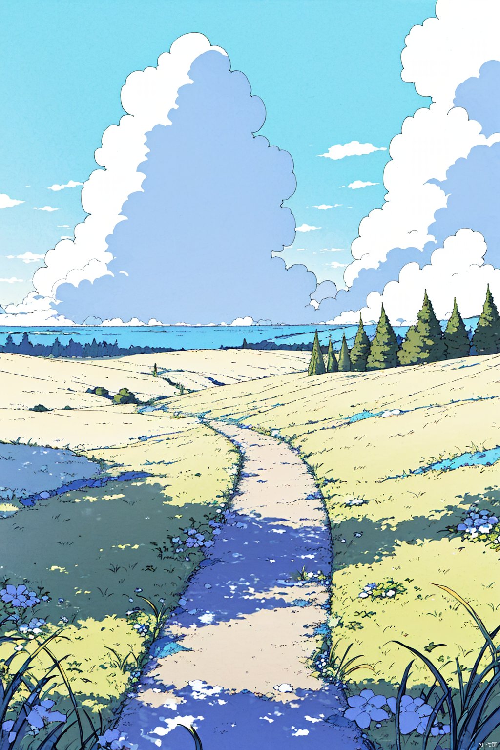 paradise, where clouds fuse into an ambrosial canvas painted in a softer hue of blue and white, with soft blooming flowers and green grass lining your path. 