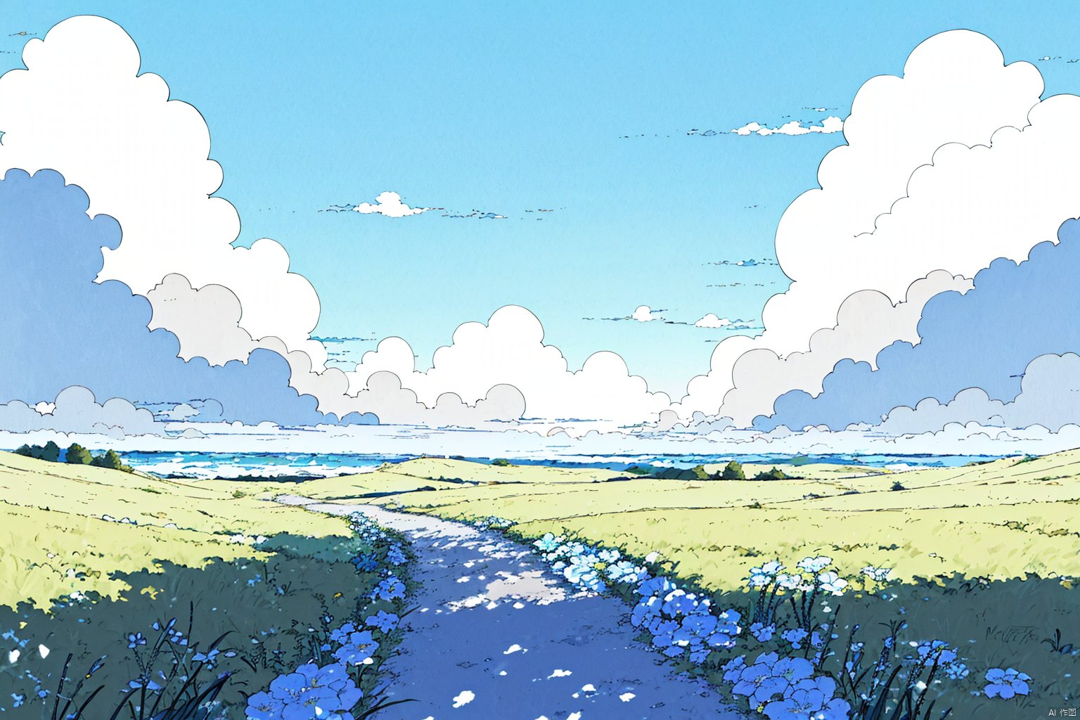 paradise, where clouds fuse into an ambrosial canvas painted in a softer hue of blue and white, with soft blooming flowers and green grass lining your path. 