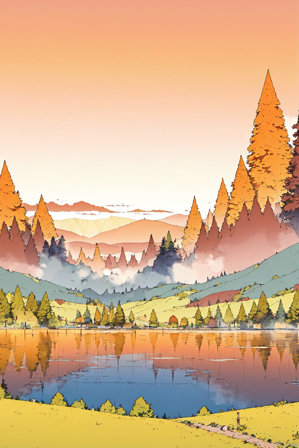 A tranquil and serene landscape, where the misty mountains jut out against the backdrop of a brilliant sunset, as beams of orange and red hues paint the sky. Beneath this enchanting scene, a peaceful lake nestles amongst the shadows of the surrounding foliage, signifying the perfect balance of calm and harmony