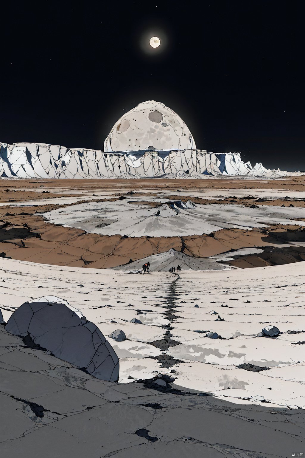 unearthly and barren landscape, where towering mountains stab at the dimly lit sky on the moon's surface. The cold and dry moon dust dances around your feet as you explore the desolate craters, filled with imposing boulders, watching the faint glint of light like a lonesome star twinkling in the distance.,鏃�