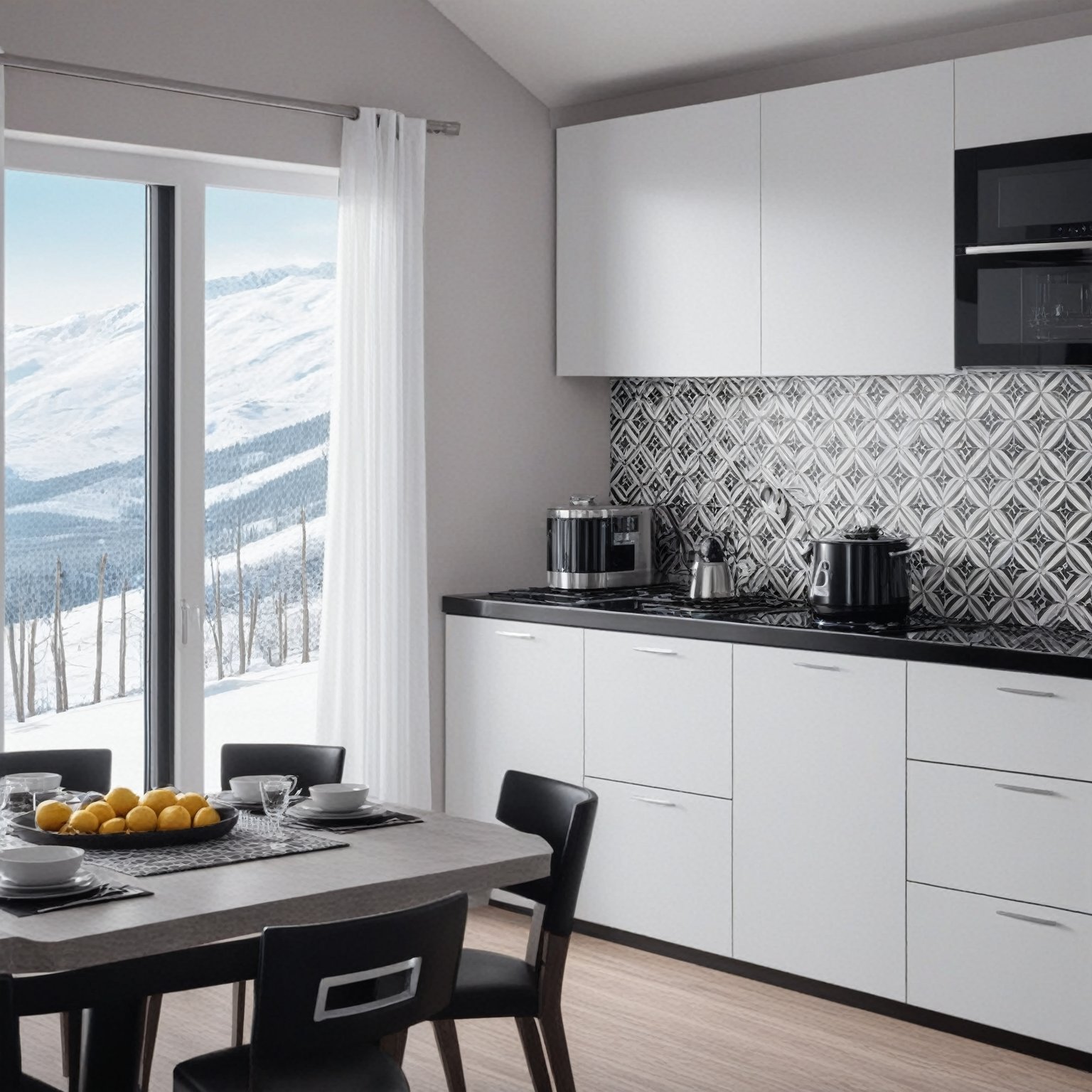 A realistic photo of luxurious modern kitchen in a cabin of winter resort,countertop,electric stove,cabinet,dining table with 4 chairs,tiled wall,refrigerator,window,curtains,lamp,door, black and white color
BREAK
(hyper detailed,16K,HDR,hyper-realistic,sharp focus,high contrast,kodachrome 800:1.2),w1nter res0rt,H effect,art_booster,ani_booster