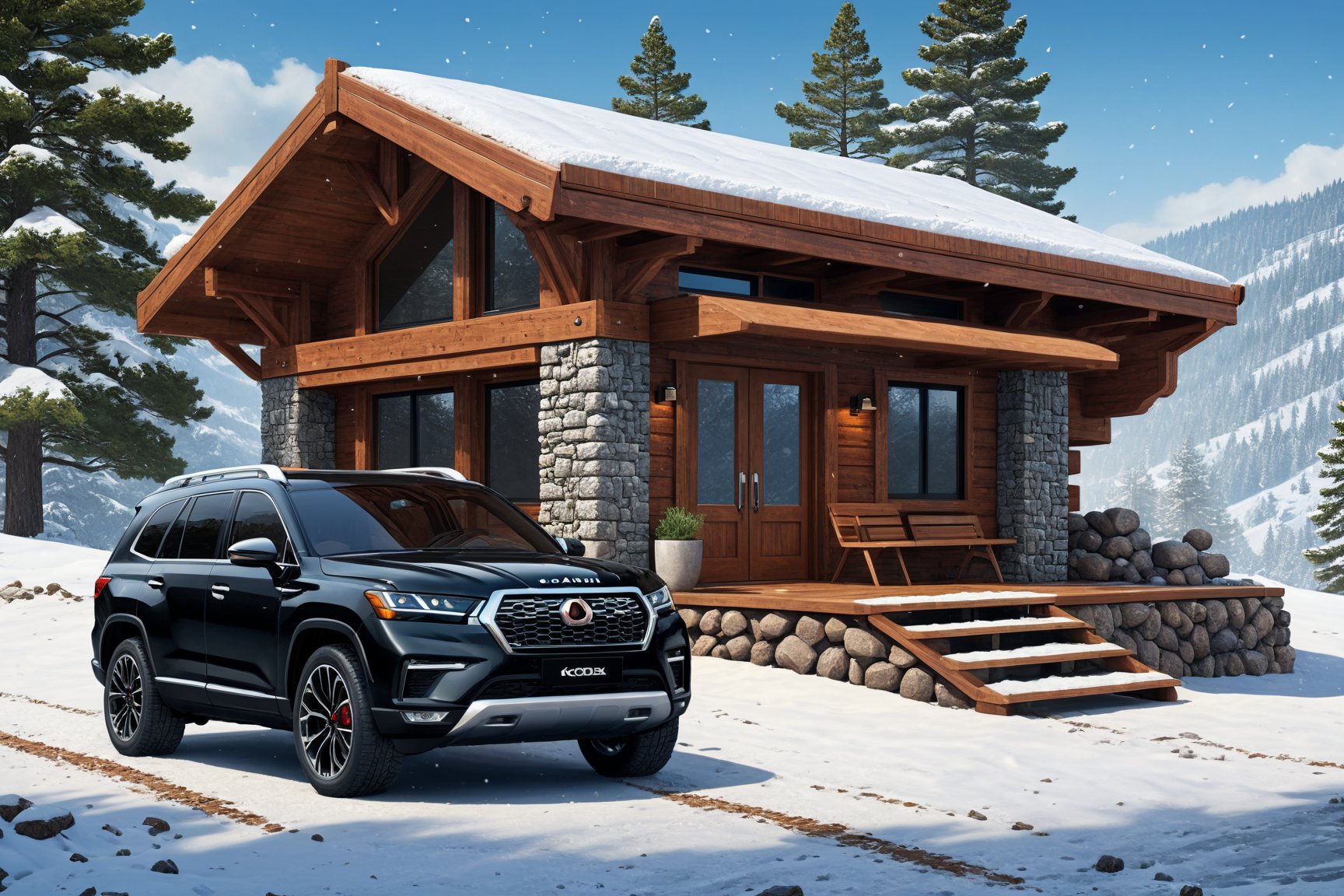 a beautiful ((Hyper-Realistic)) cabin on a hill,outdoors, modern style cabin,luxurious brick and concrete and stone textures with black and grey colors,snow,snowing,window,trees,(cool SUV in front of cabin:1.3),aesthetic,rule of thirds,studio photo,trending on artstation,(cabin and SUV focus),(Hyper-realistic photography,masterpiece,ultra-detailed,intricate details,8k,sharp focus,high contrast,kodachrome 800,HDR:1.2),by Antonio Lopez,Diego Koi,Karol Bak and Hayao Miyazaki,H effect,real_booster,art_booster, ani_booster,more detail XL,ani_booster,Comic Book-Style 2d