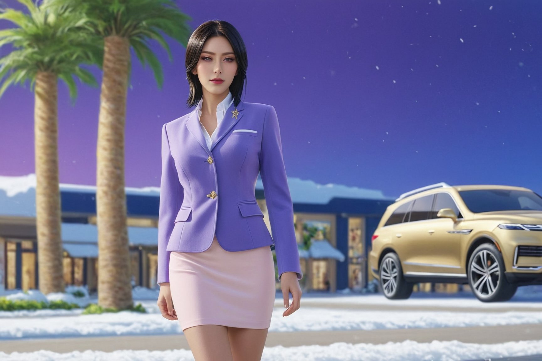 portrait of a sophisticated girl standing next to her  luxury SUV,20yo,in the parking lot of resort center,alluring neighbor's wife,clear facial features,detailed exquisite face,perfect female form,elegant jacket on shirt and short skirt,detailed backdrop,(Royal Blue,Lilac Blush,Gold Raspberry,Ivory color),
trending on artstation,perfect composition,cinematic lighting,(anime vibes:1.2),kuchiki rukia,real_booster, ani_booster,niji5,art_booster,(wide shot:1.4) 
BREAK
(resort center:luxurious modern style building,windows,brick walls,shop,sign,snow,trees,road,parking area:1.3), w1nter res0rt,(resort center focus:1.3)