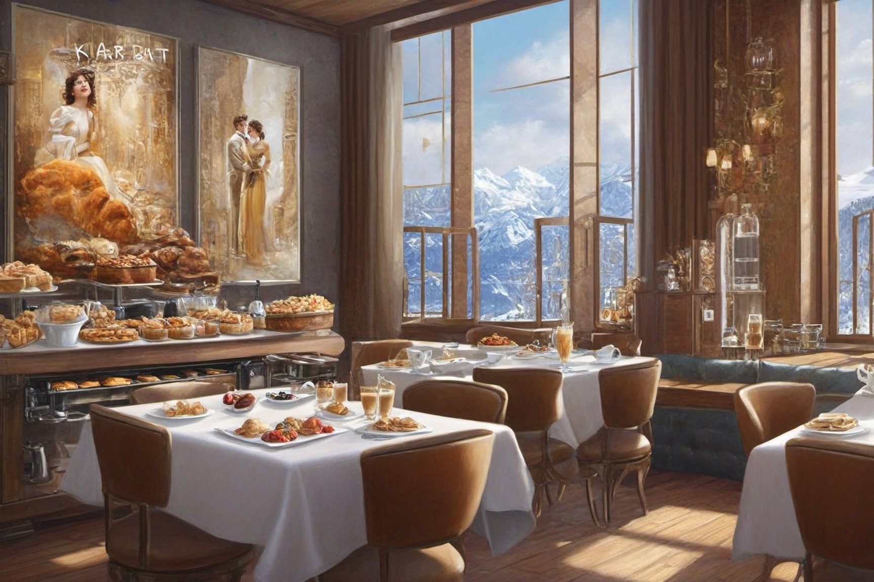 A ultra-realistic photo of cafe in winder resort cabin,indoors,(luxurious cafe including table,chair,desserts display,coffee machine),window,luxurious,2 girls sitting,trending on artstation,hyper detailed,16K,HDR,hyper-realistic,sharp focus,high contrast,by Karol Bak and Gustav Klimt,w1nter res0rt,art_booster,H effect